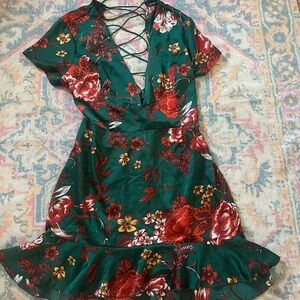 Floral Green Dress with Red Accents